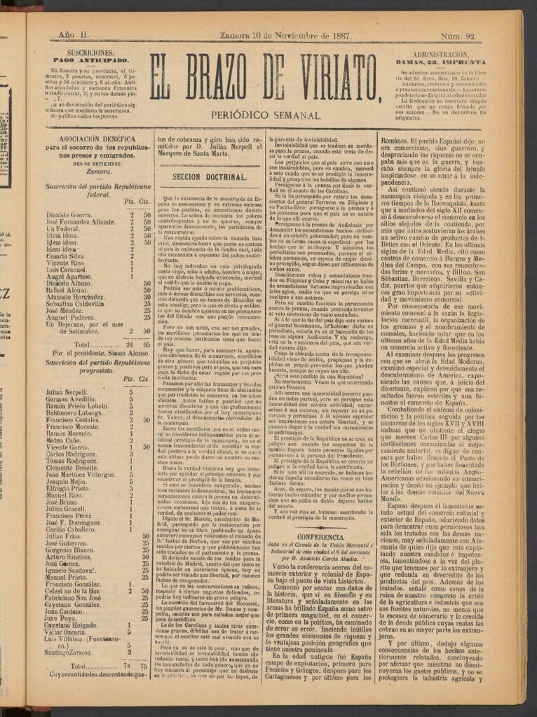 Miniatura de El Brazo de Viriato : periódico semanal del del 10 de noviembre de 1887