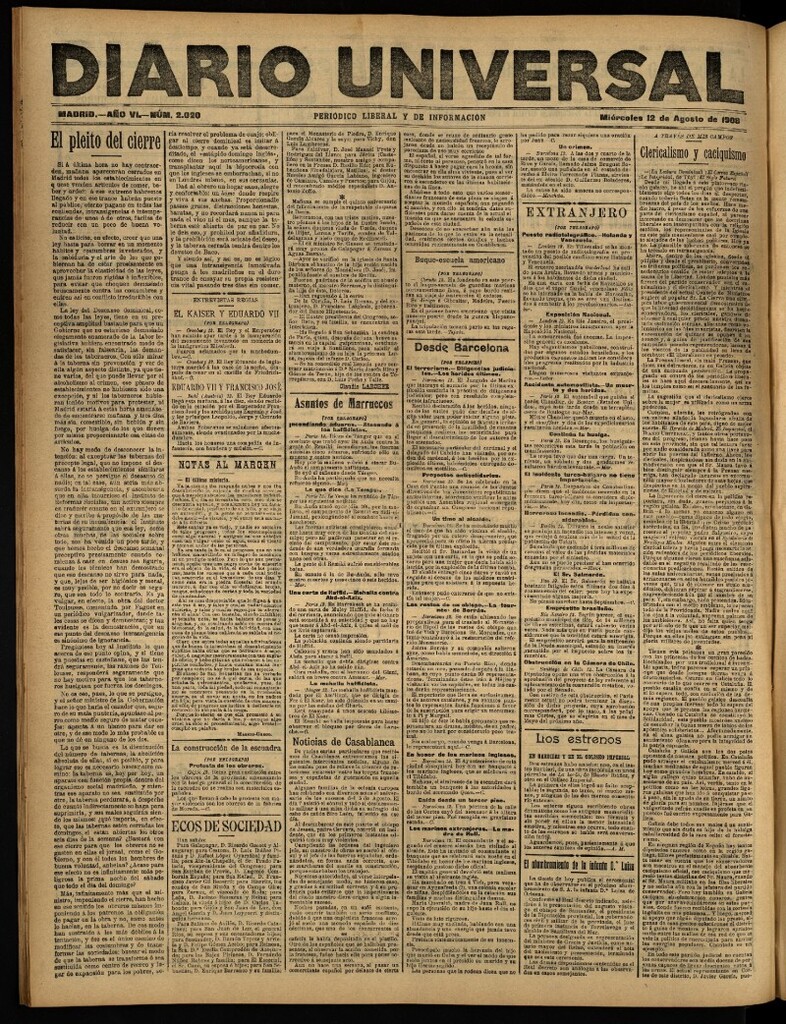 Miniatura de Diario Universal del 12 de agosto de 1908
