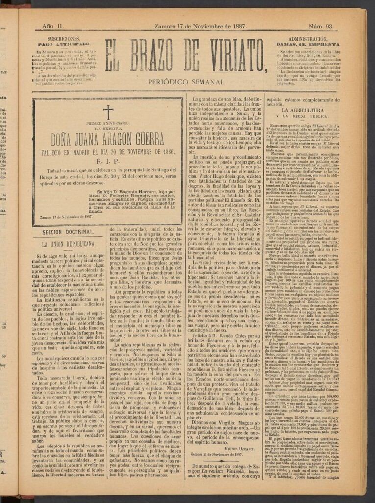 Miniatura de El Brazo de Viriato : periódico semanal del del 17 de noviembre de 1887