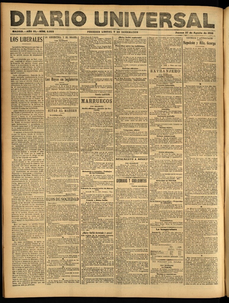 Miniatura de Diario Universal del 27 de agosto de 1908