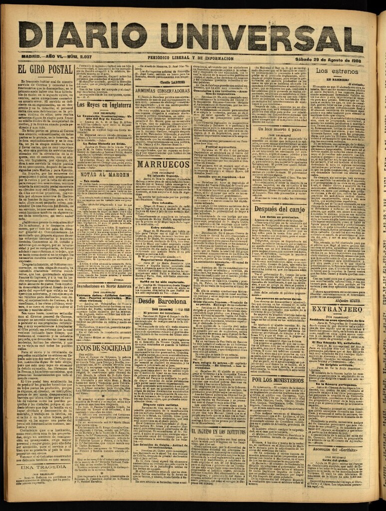 Miniatura de Diario Universal del 29 de agosto de 1908