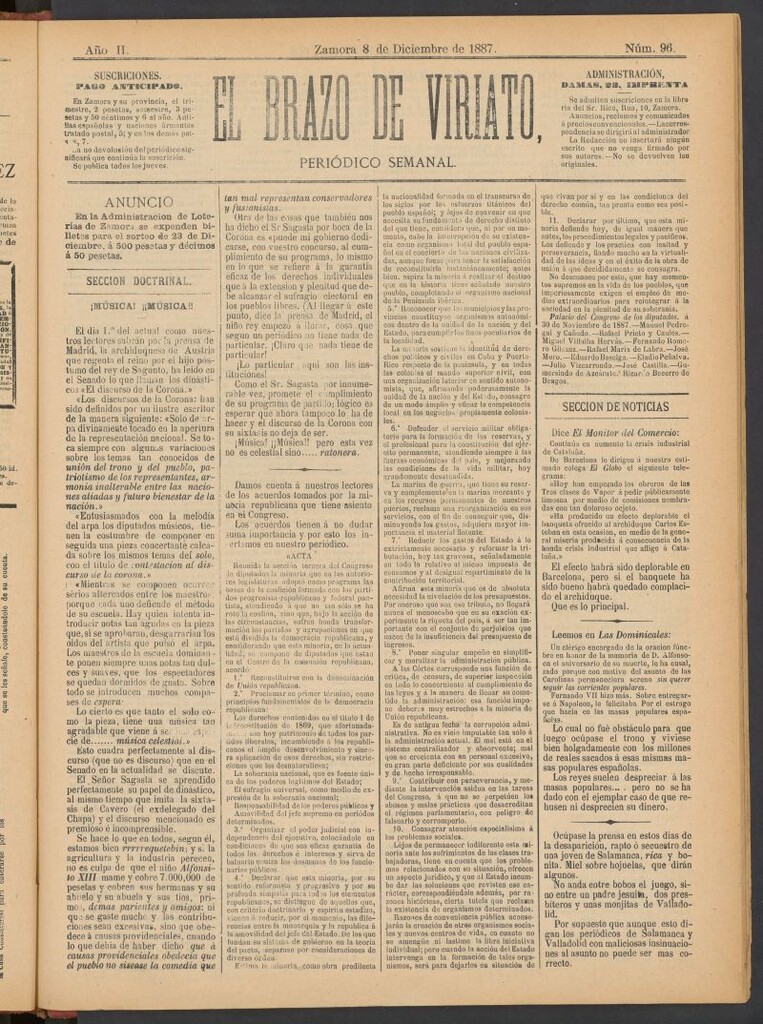 Miniatura de El Brazo de Viriato : periódico semanal del del 8 de diciembre de 1887