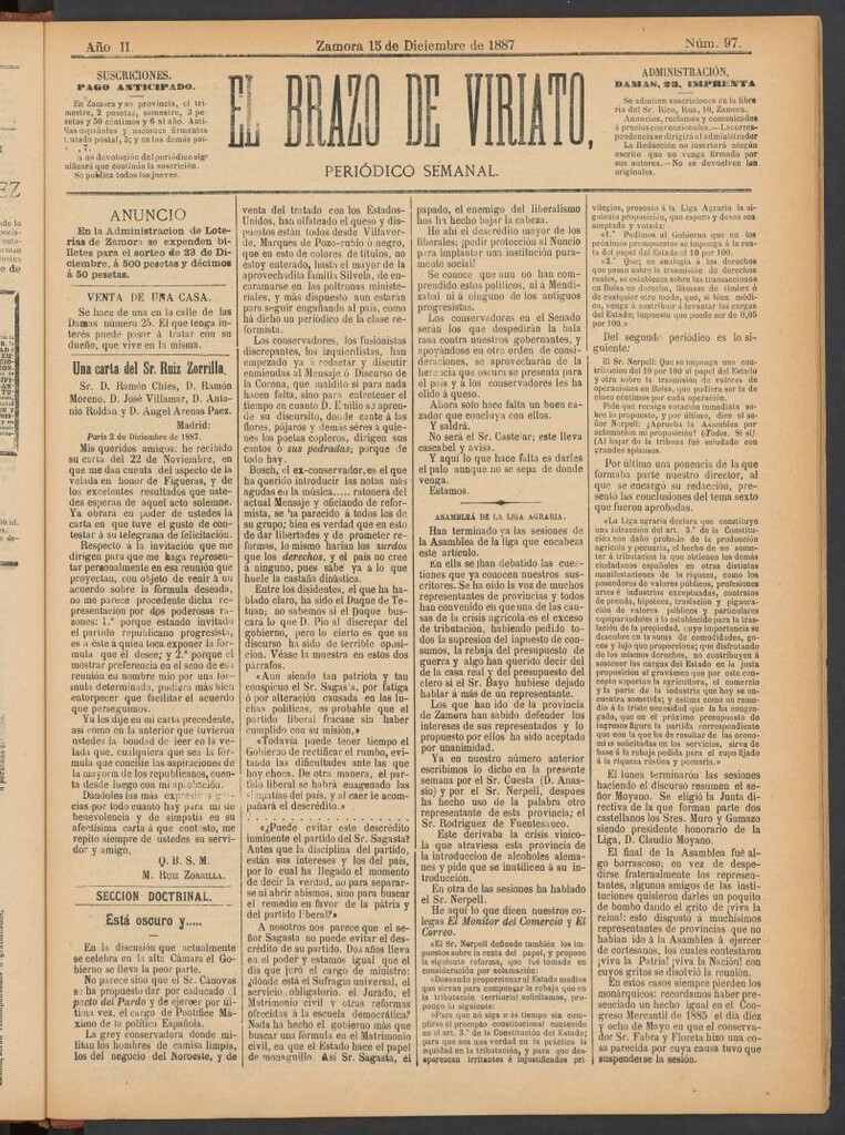 Miniatura de El Brazo de Viriato : periódico semanal del del 15 de diciembre de 1887