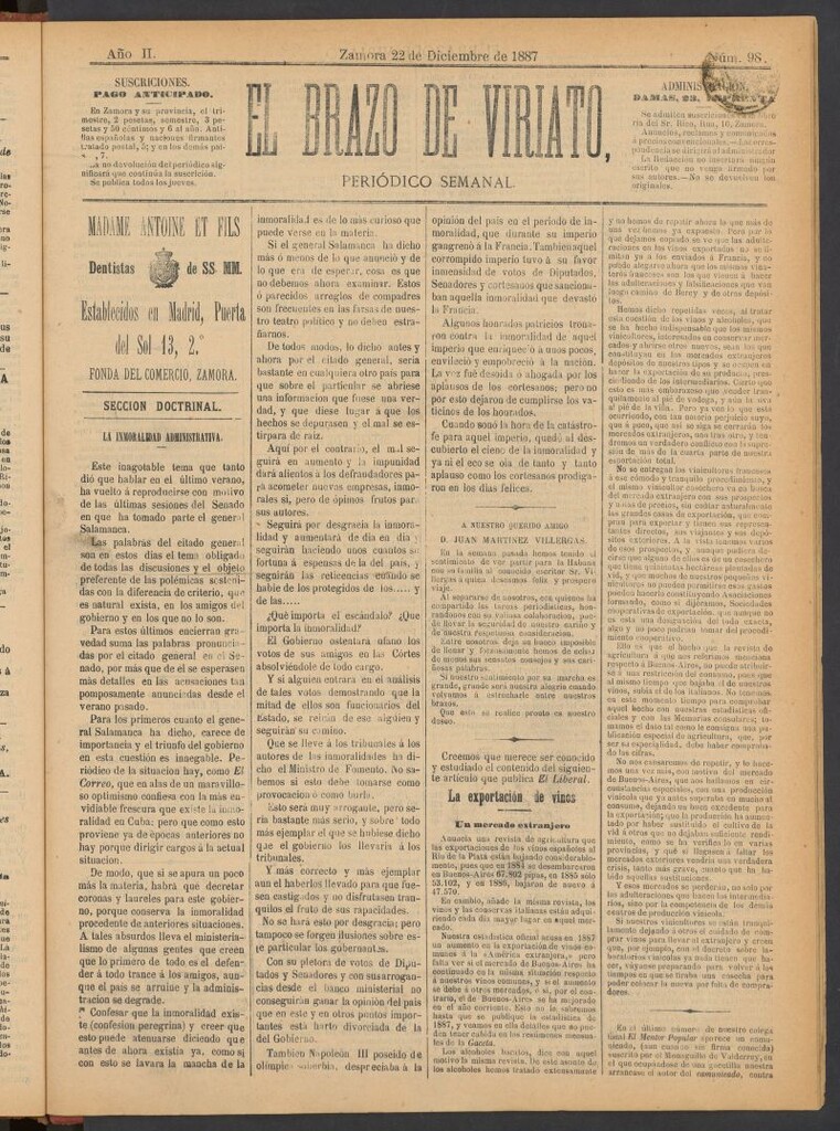 Miniatura de El Brazo de Viriato : periódico semanal del del 22 de diciembre de 1887