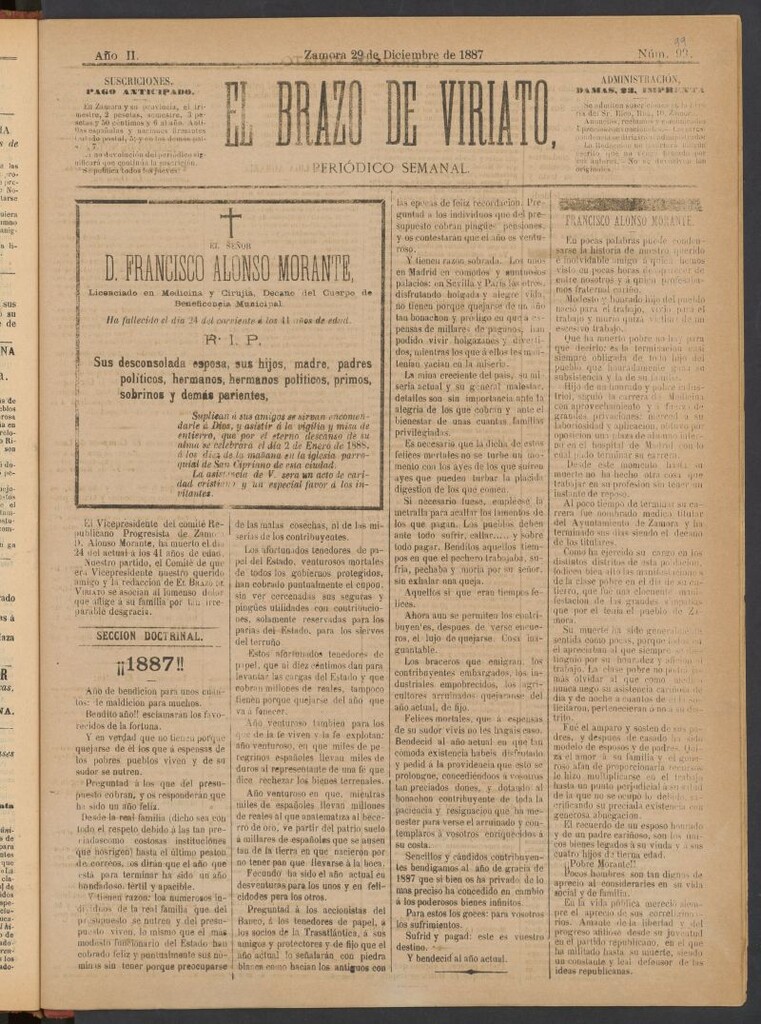 Miniatura de El Brazo de Viriato : periódico semanal del del 29 de diciembre de 1887