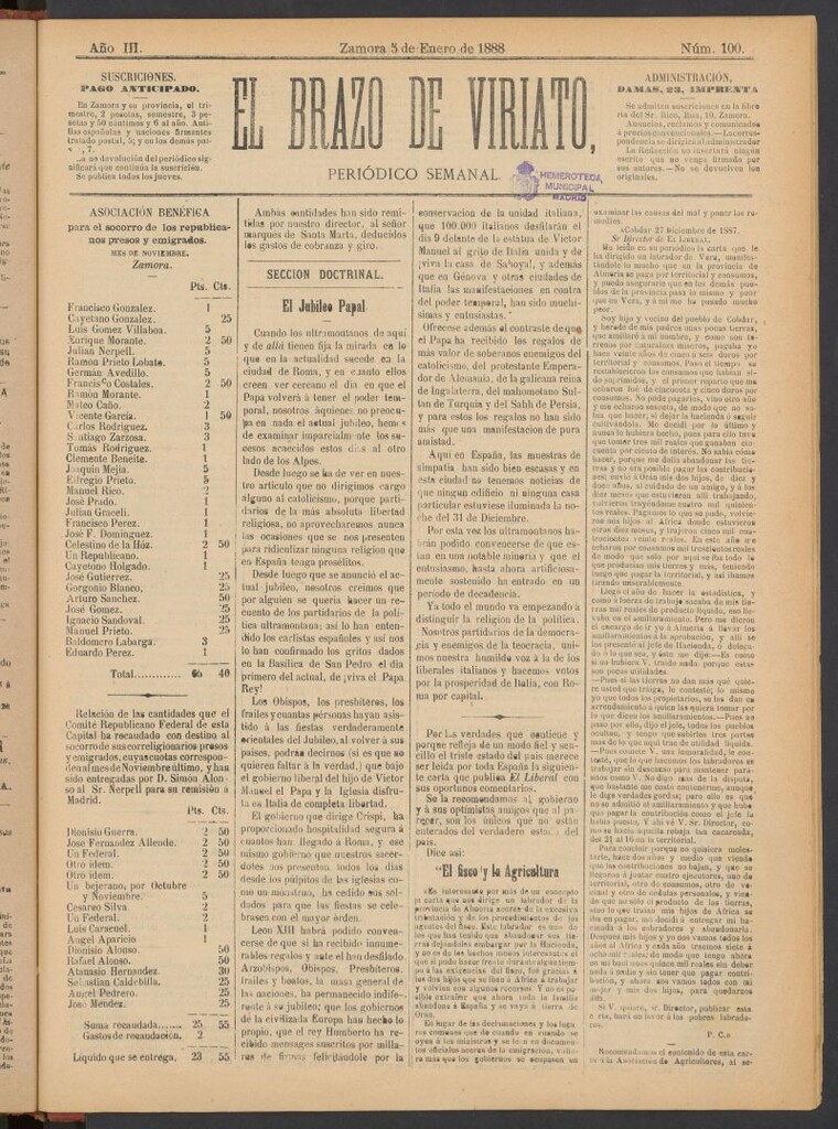 Miniatura de El Brazo de Viriato : periódico semanal del del 5 de enero de 1888