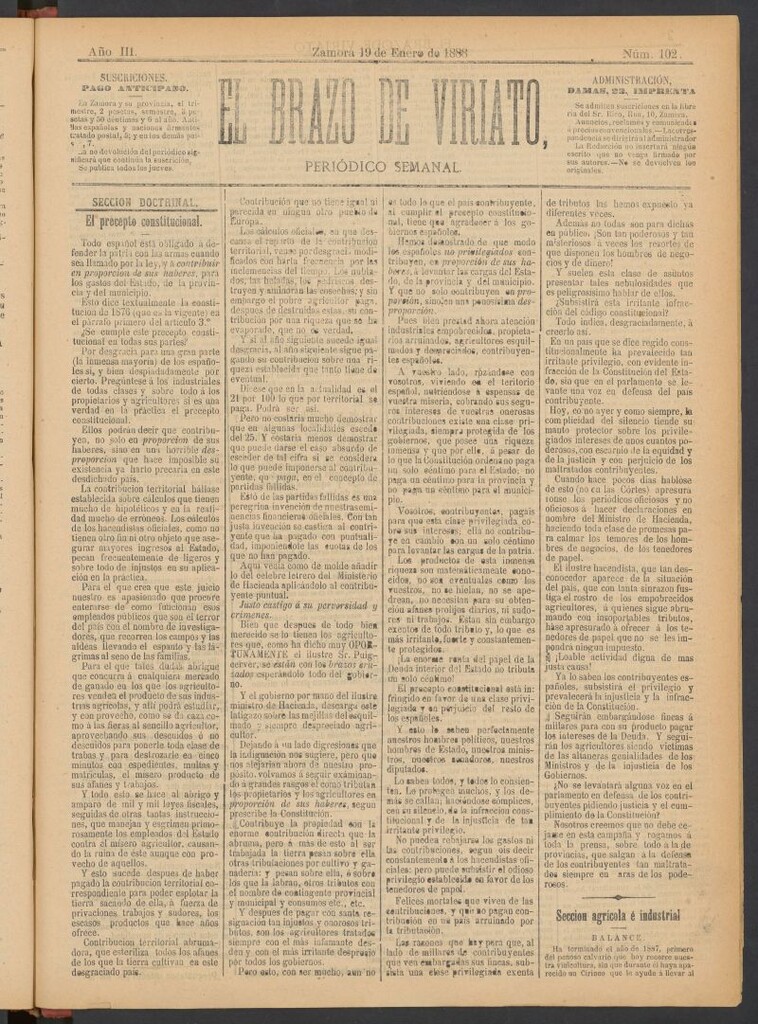Miniatura de El Brazo de Viriato : periódico semanal del del 19 de enero de 1888
