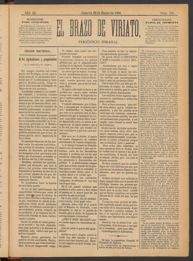 Miniatura de El Brazo de Viriato : periódico semanal del del 26 de enero de 1888