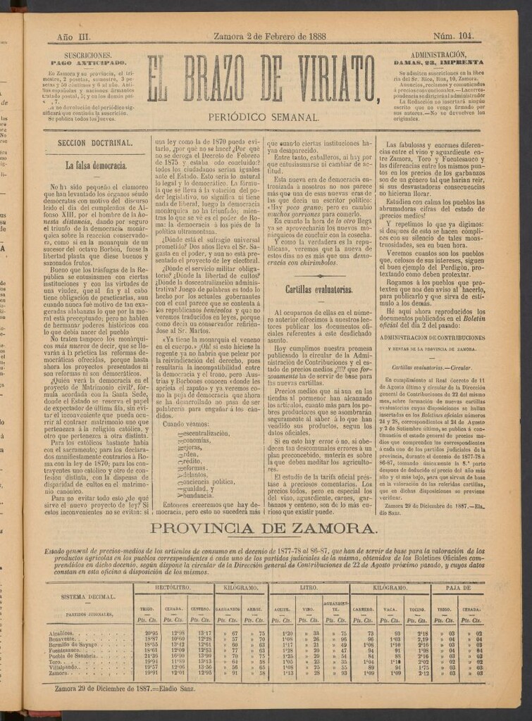 Miniatura de El Brazo de Viriato : periódico semanal del del 2 de febrero de 1888