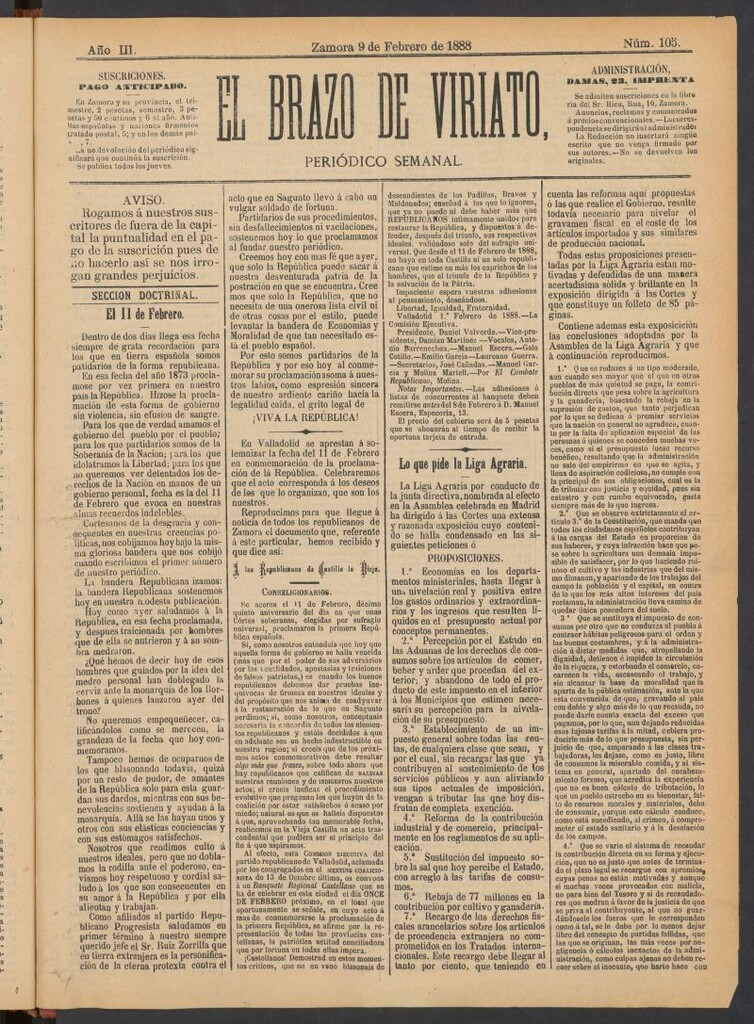 Miniatura de El Brazo de Viriato : periódico semanal del del 9 de febrero de 1888