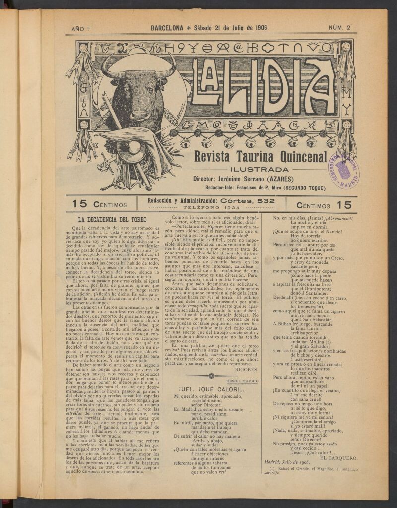 Miniatura de La Lidia: revista taurina quincenal ilustrada del 21 de julio de 1906. Nº 2