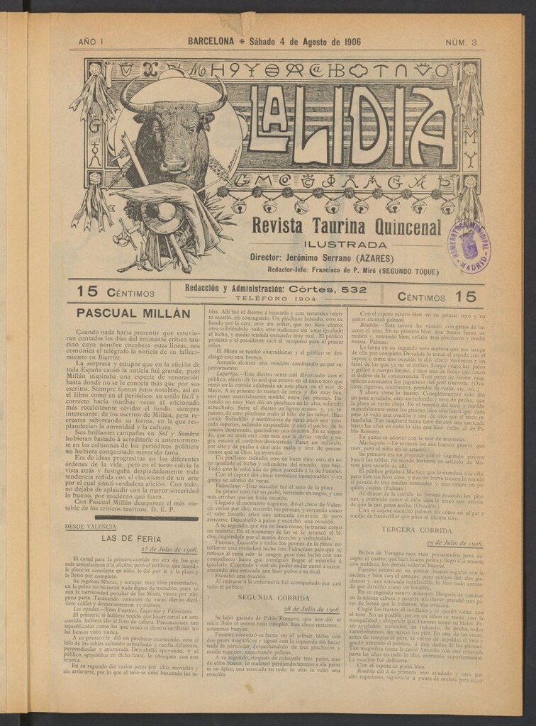 Miniatura de La Lidia: revista taurina quincenal ilustrada del 4 de agosto de 1906. Nº 3