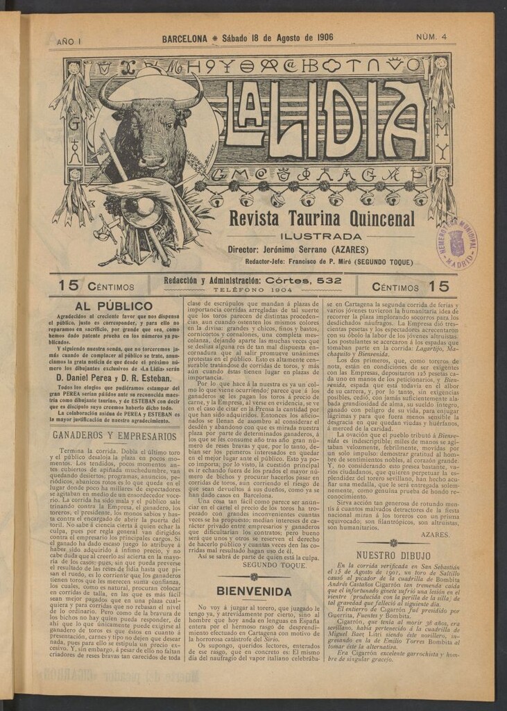 Miniatura de La Lidia: revista taurina quincenal ilustrada del 18 de agosto de 1906. Nº 4