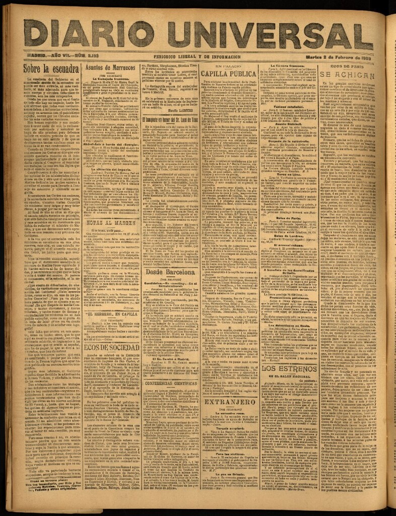 Miniatura de Diario Universal del 2 de febrero de 1909