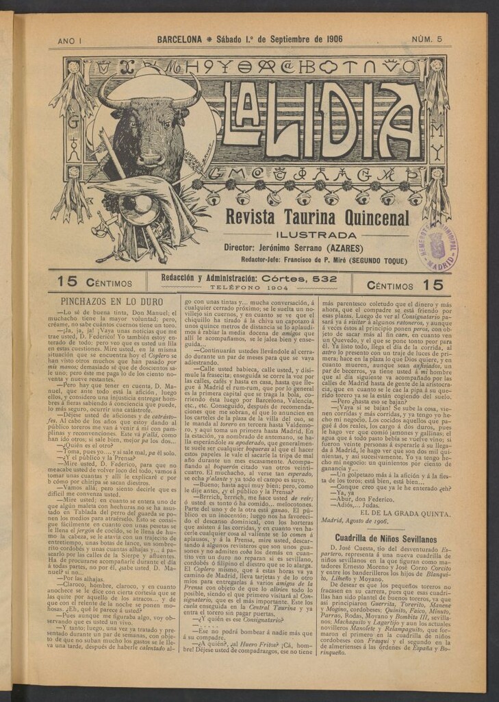 Miniatura de La Lidia: revista taurina quincenal ilustrada del 1 de septiembre de 1906. Nº 5
