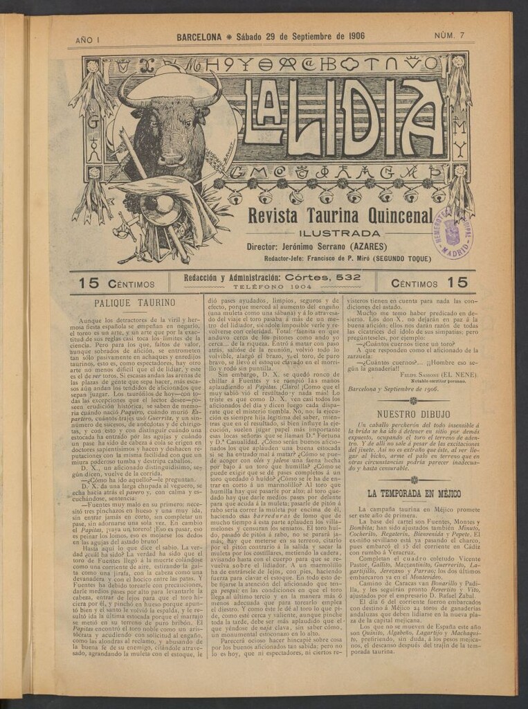 Miniatura de La Lidia: revista taurina quincenal ilustrada del 29 de septiembre de 1906. Nº 7