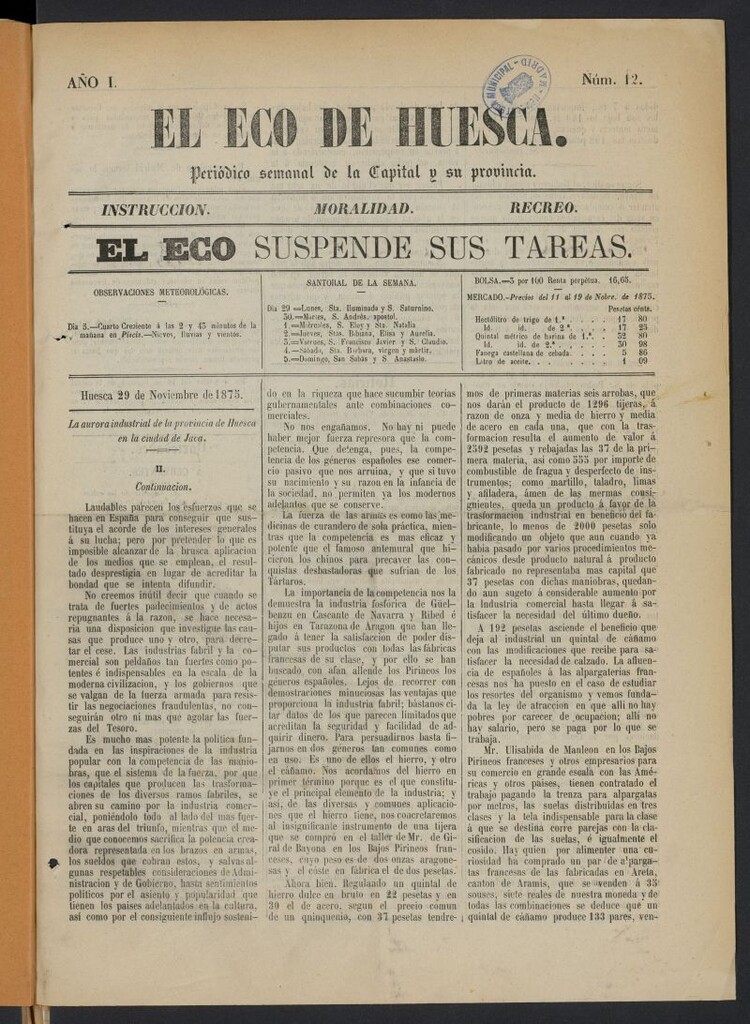 Miniatura de El Eco de Huesca: periódico semanal de la capital y su provincia