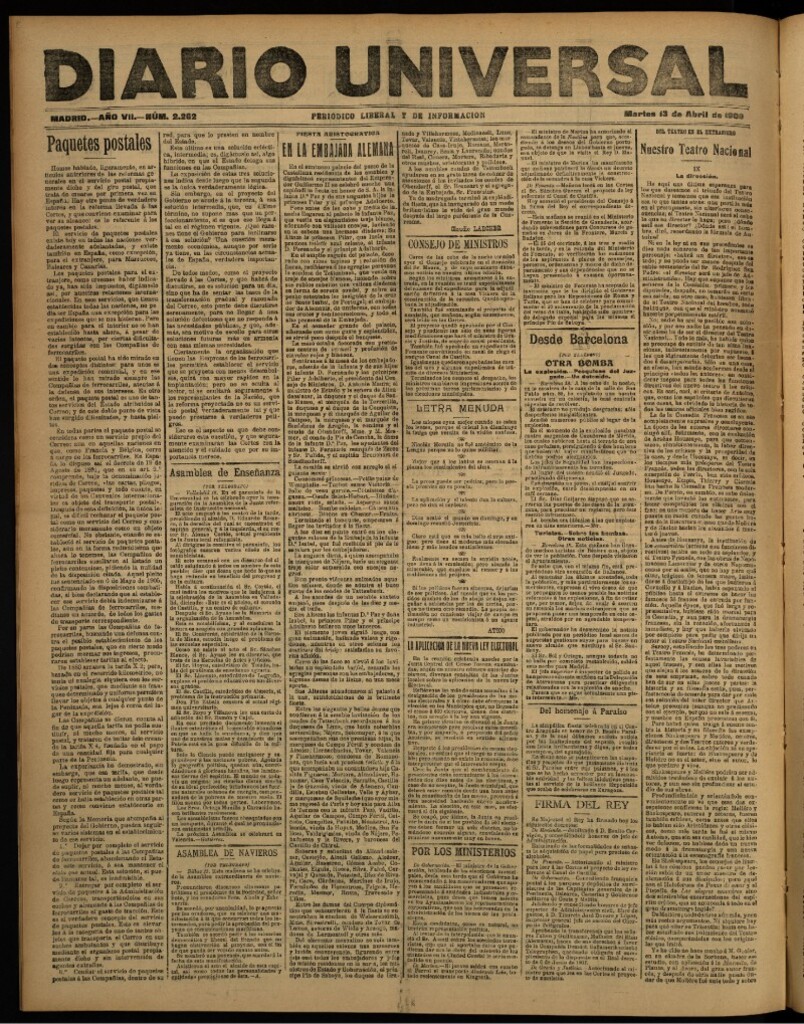 Miniatura de Diario Universal del 13 de abril de 1909