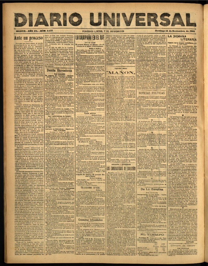 Miniatura de Diario Universal del 14 de noviembre de 1909
