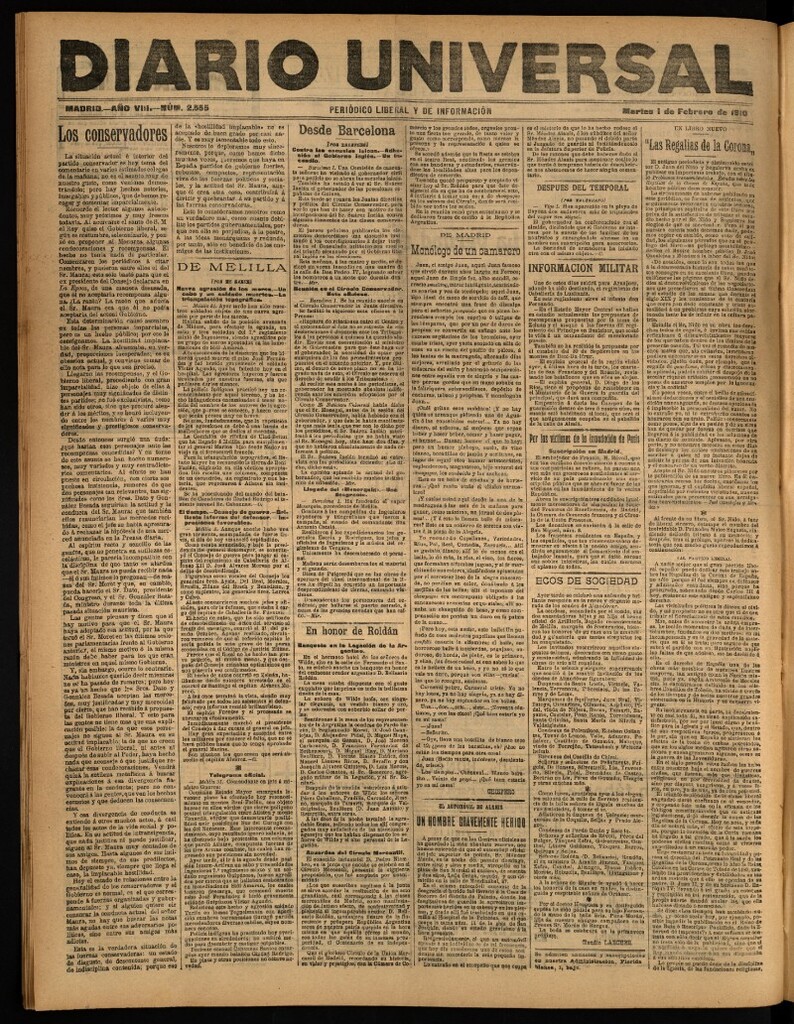 Miniatura de Diario Universal del 1 de febrero de 1910