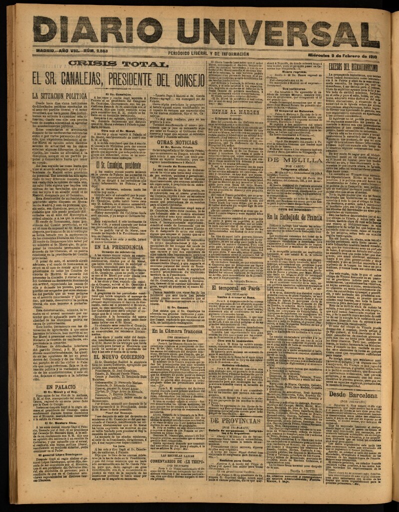 Miniatura de Diario Universal del 9 de febrero de 1910