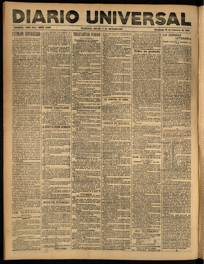 Miniatura de Diario Universal del 13 de febrero de 1910