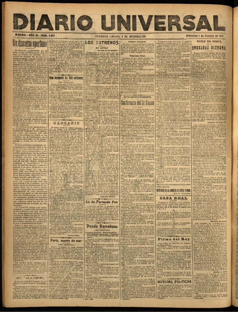 Miniatura de Diario Universal del 1 de febrero de 1911