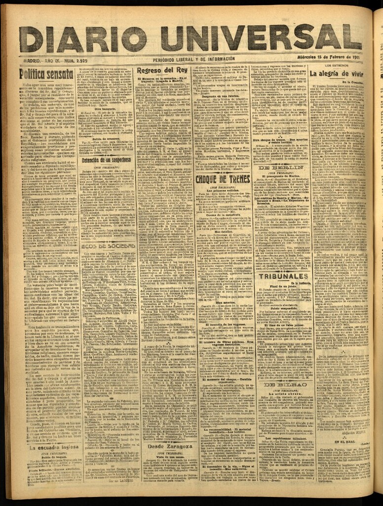Miniatura de Diario Universal del 15 de febrero de 1911