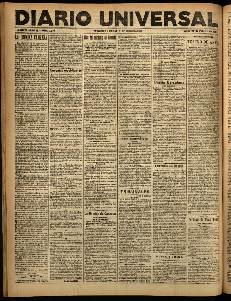 Miniatura de Diario Universal del 20 de febrero de 1911