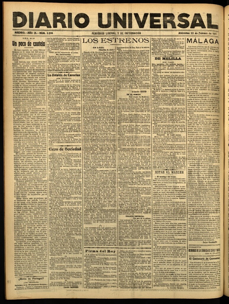 Miniatura de Diario Universal del 22 de febrero de 1911