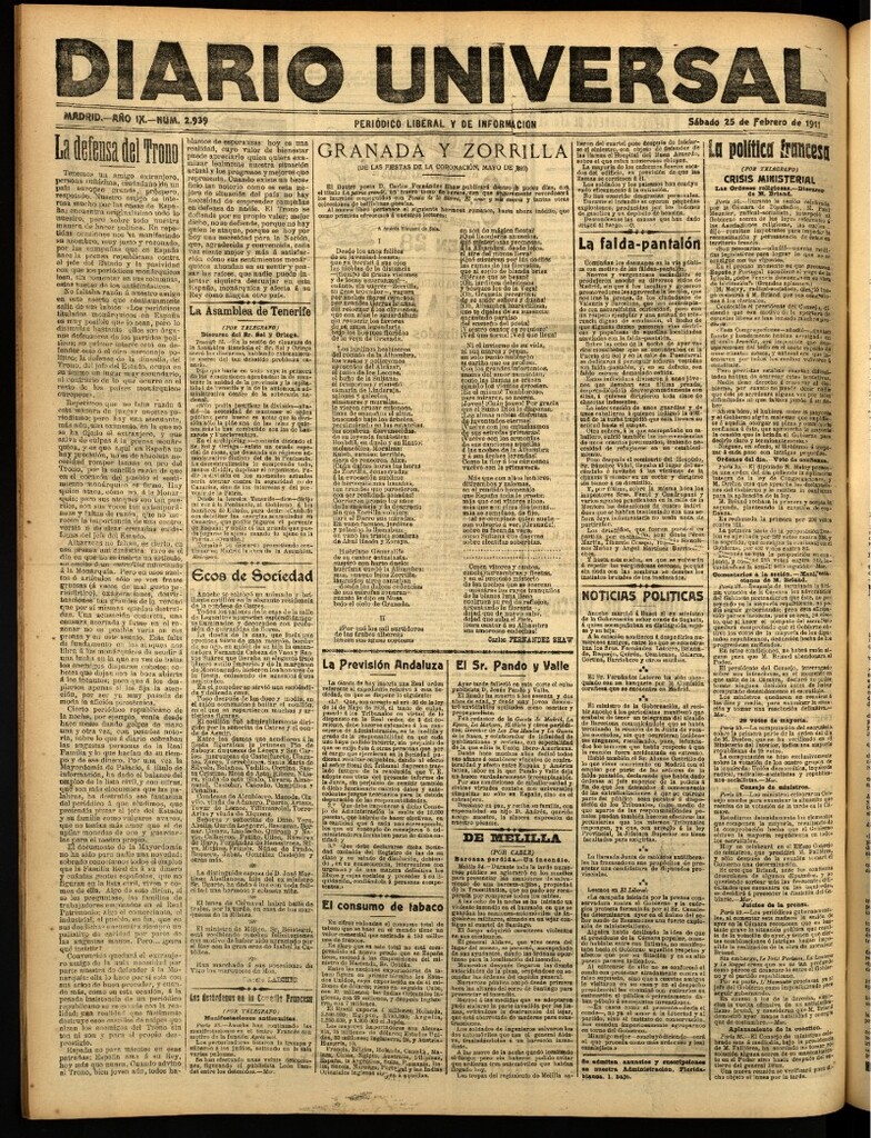 Miniatura de Diario Universal del 25 de febrero de 1911