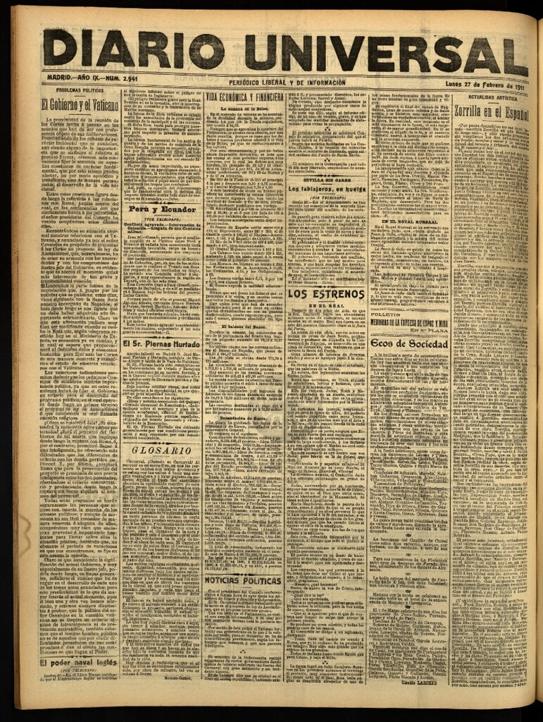 Miniatura de Diario Universal del 27 de febrero de 1911