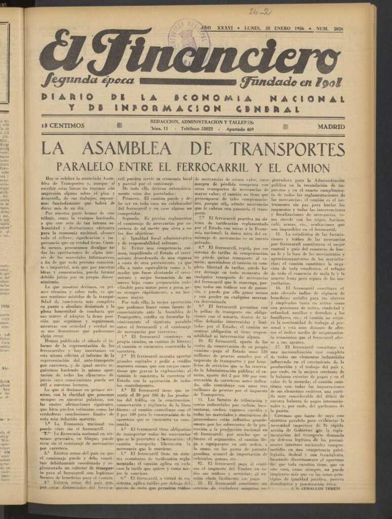 Miniatura de El Financiero del 20 de enero de 1936