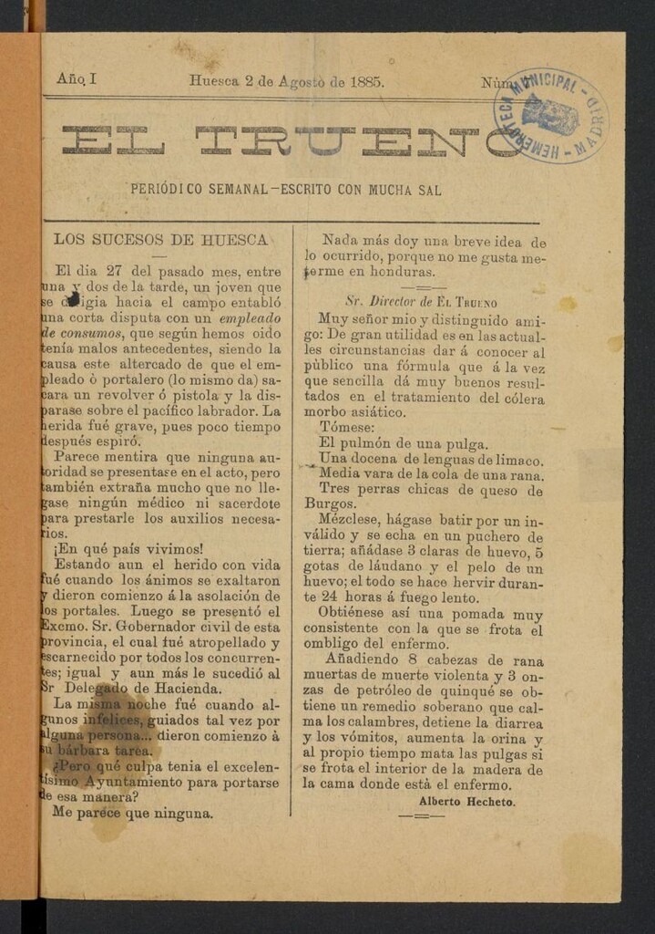 Miniatura de El Trueno: periódico semanal-escrito con mucha sal