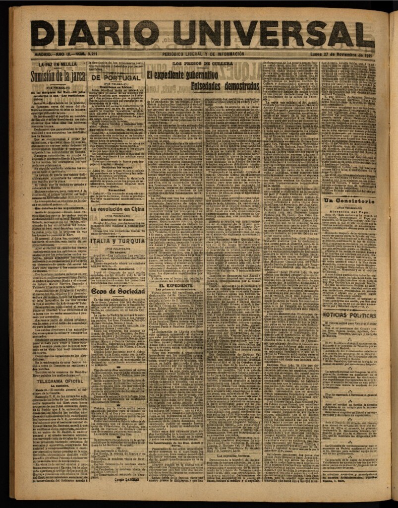 Miniatura de Diario Universal del 27 de noviembre de 1911