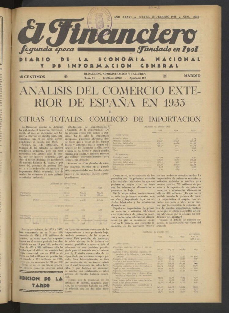 Miniatura de El Financiero del 20 de febrero de 1936