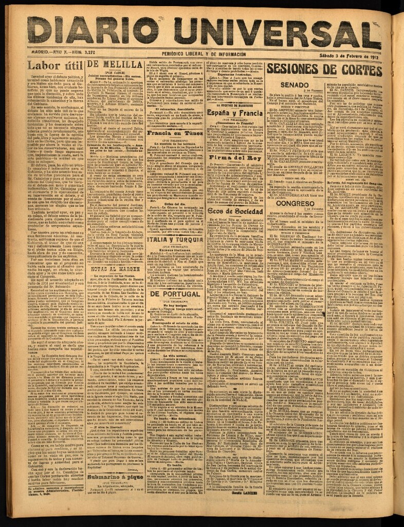 Miniatura de Diario Universal del 3 de febrero de 1912