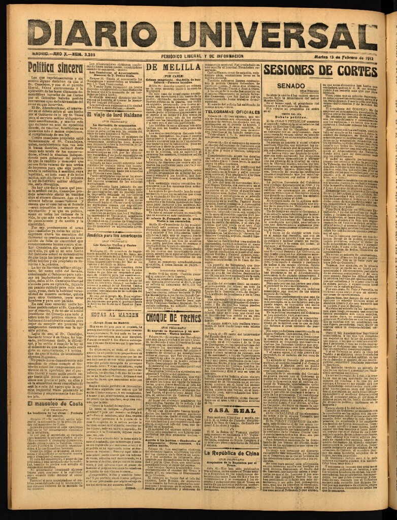 Miniatura de Diario Universal del 13 de febrero de 1912