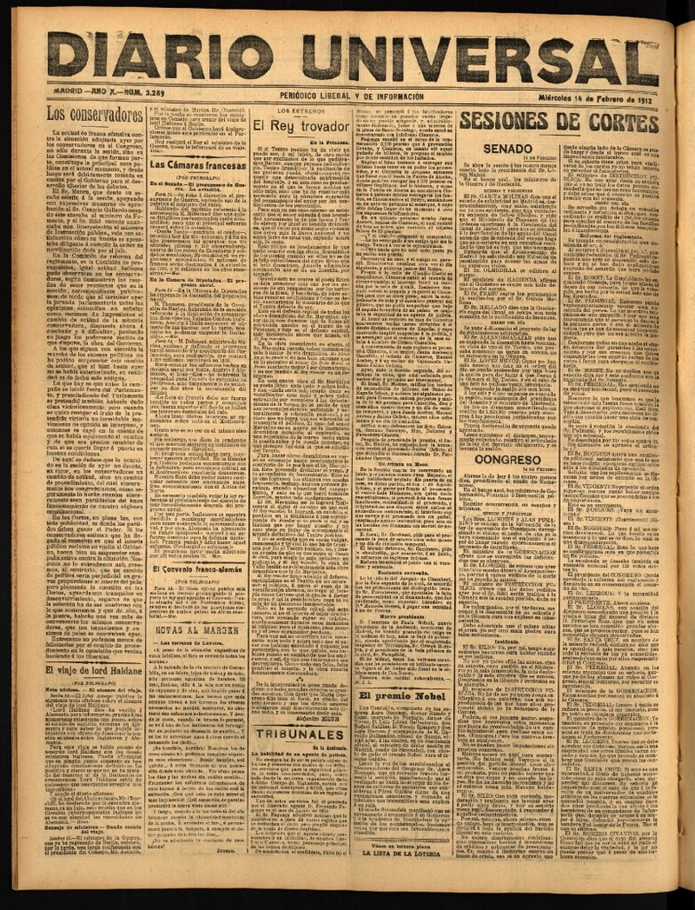 Miniatura de Diario Universal del 14 de febrero de 1912
