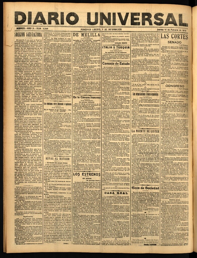 Miniatura de Diario Universal del 15 de febrero de 1912