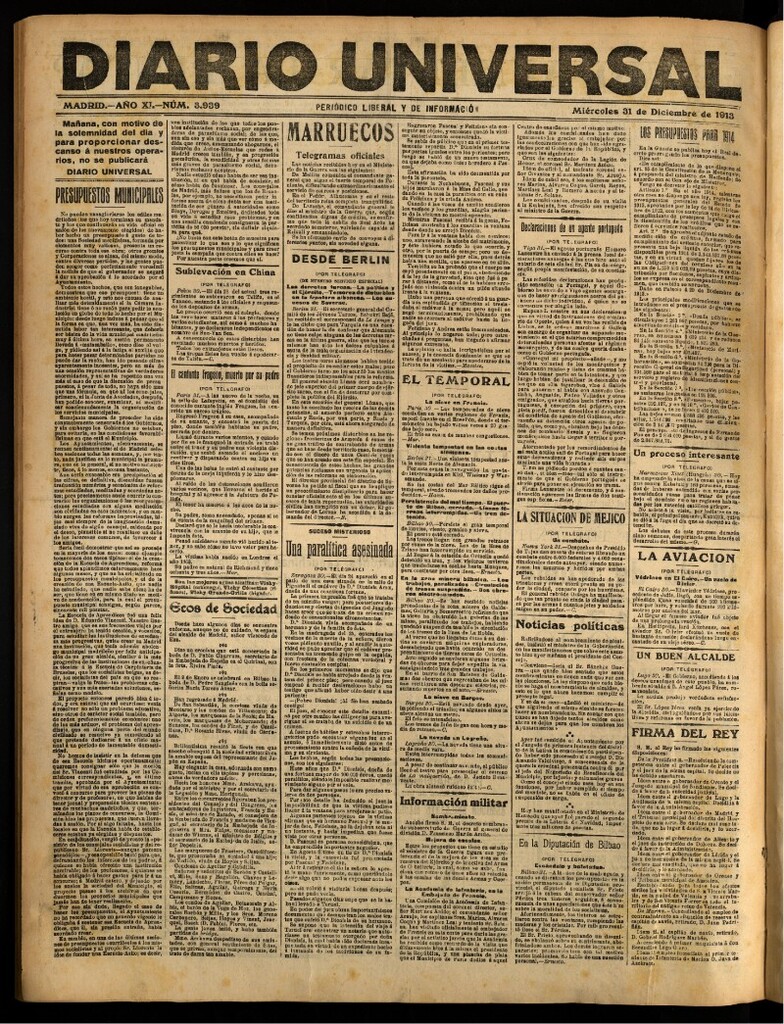 Miniatura de Diario Universal del 31 de diciembre de 1913