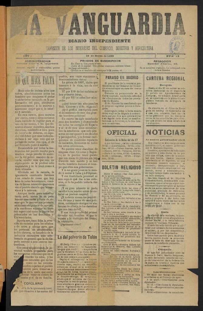 Miniatura de La Vanguardia (Huesca, 1899)