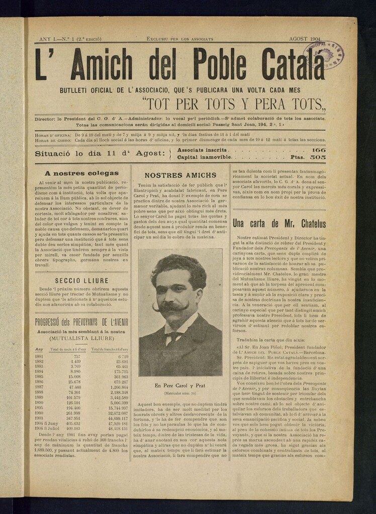 Miniatura de L´amich del poble catalá: butlletí oficial de l´associacio, que´s publicara una volta cada mes de agost de 1904
