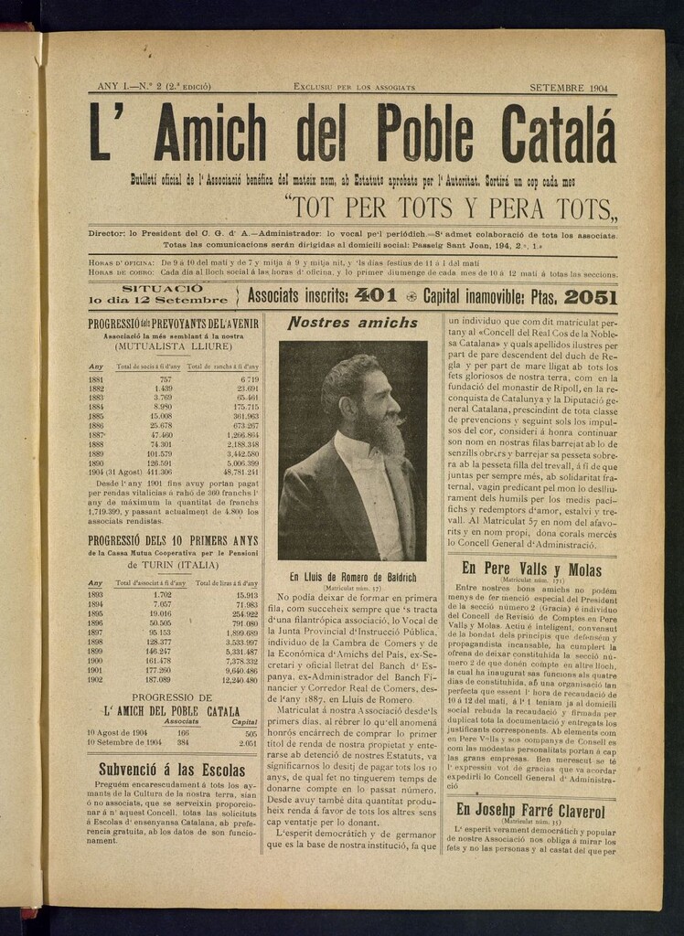 Miniatura de L´amich del poble catalá: butlletí oficial de l´associacio, que´s publicara una volta cada mes de setembre de 1904