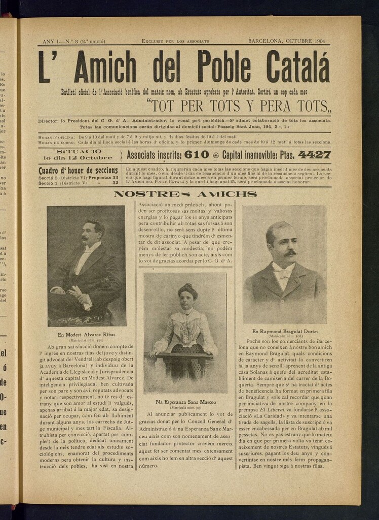 Miniatura de L´amich del poble catalá: butlletí oficial de l´associacio, que´s publicara una volta cada mes de octubre de 1904