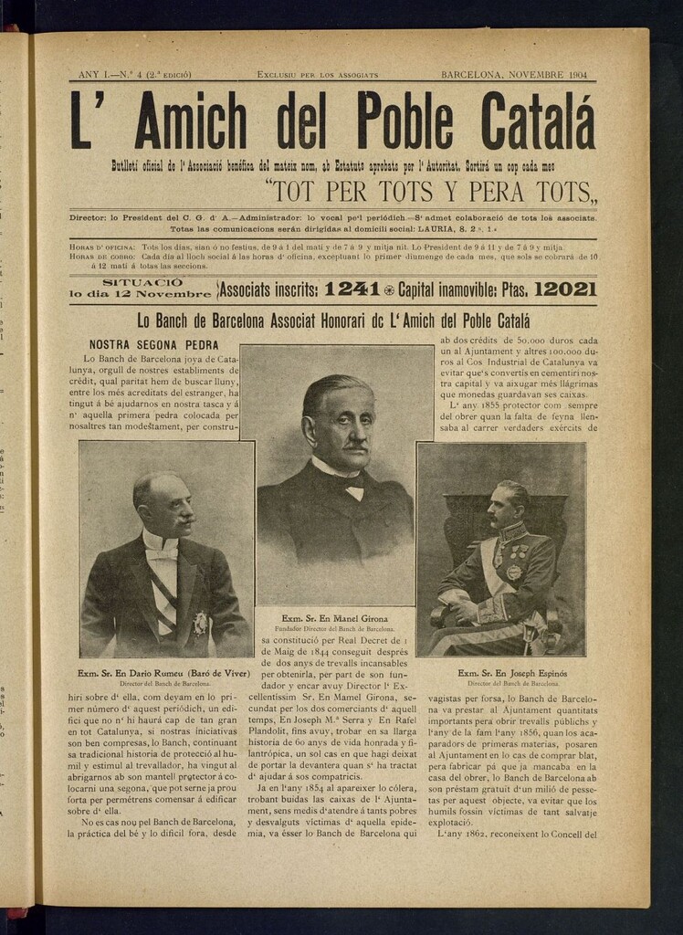 Miniatura de L´amich del poble catalá: butlletí oficial de l´associacio, que´s publicara una volta cada mes de novembre de 1904