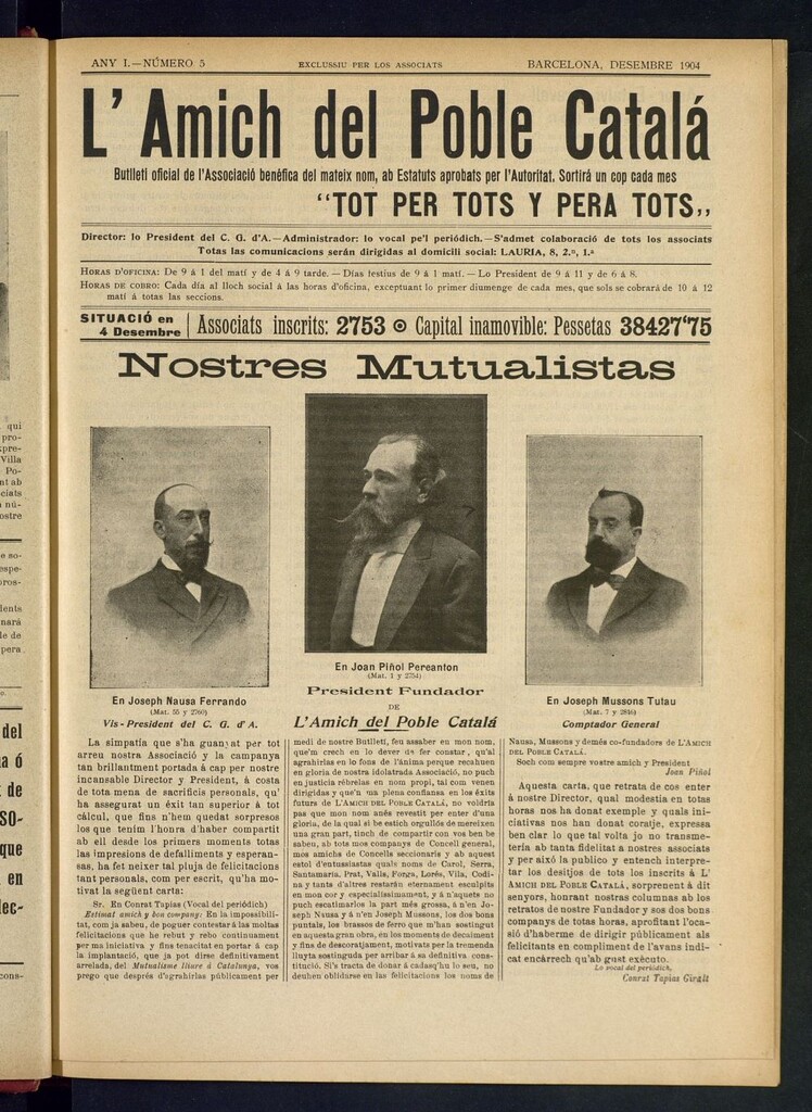 Miniatura de L´amich del poble catalá: butlletí oficial de l´associacio, que´s publicara una volta cada mes de desembre de 1904