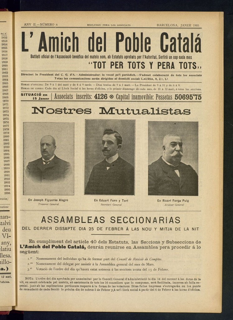 Miniatura de L´amich del poble catalá: butlletí oficial de l´associacio, que´s publicara una volta cada mes de jane de 1905