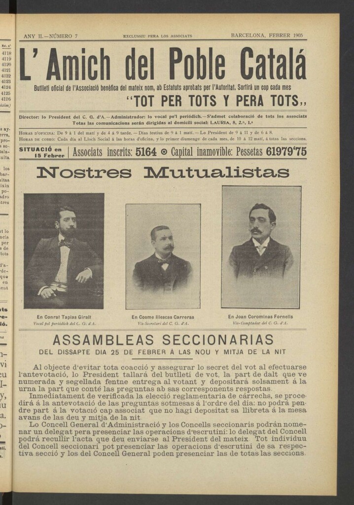 Miniatura de L´amich del poble catalá: butlletí oficial de l´associacio, que´s publicara una volta cada mes de febrer de 1905