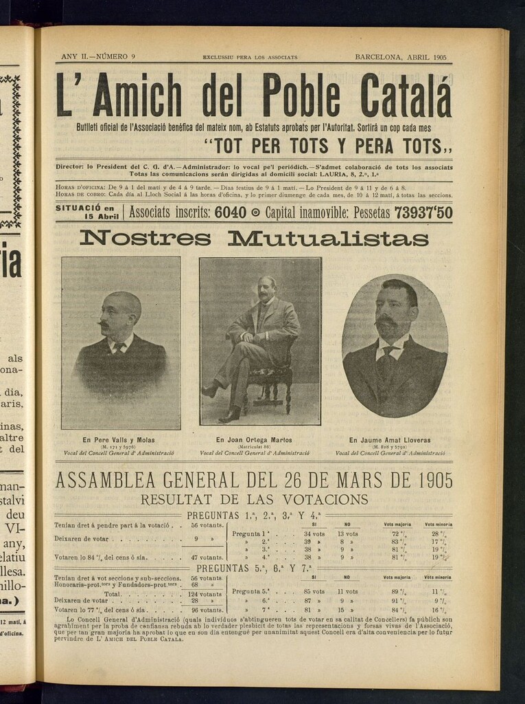 Miniatura de L´amich del poble catalá: butlletí oficial de l´associacio, que´s publicara una volta cada mes de abril de 1905
